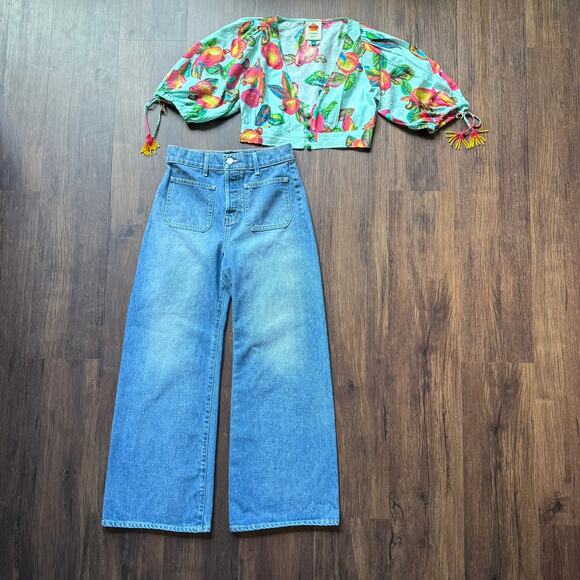 Farm Rio Cropped Blouse Fruit Print Beaded Sleeve Tie Top XS - Picture 1 of 11